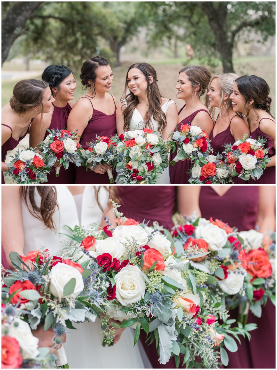 Aggie Wedding with Bridesmaids in Maroon dresses