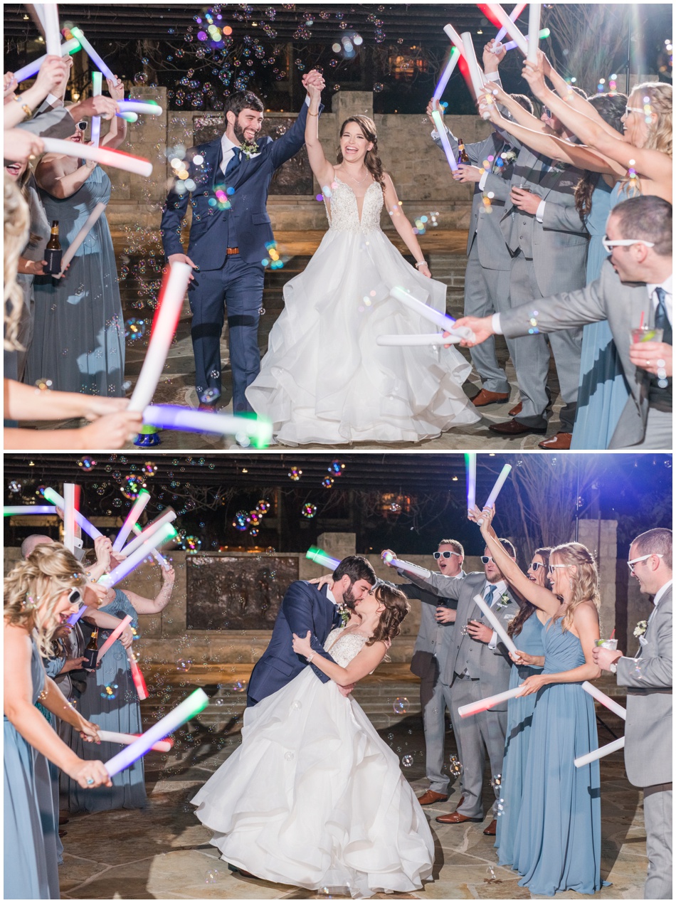 Wedding exit with bubbles and glow sticks at jack guenther pavilion in San Antonio