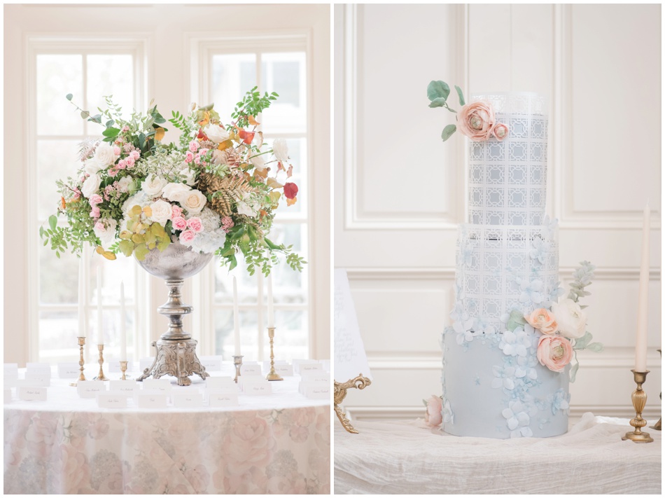 Blue Wedding Cake with White lace and blush flowers