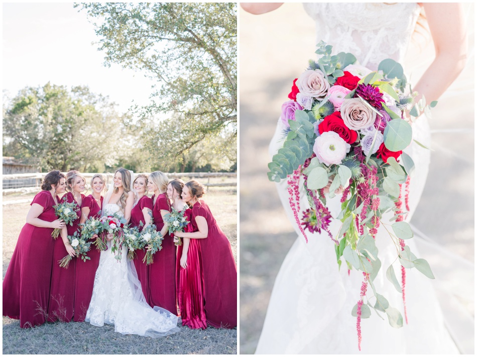 Bridesmaids in Burgundy dresses at twisted ranch
