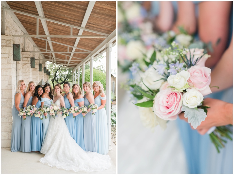 Bridesmaids in Blue dresses with blush and cream bouquets by Wow Factor Floral in Austin
