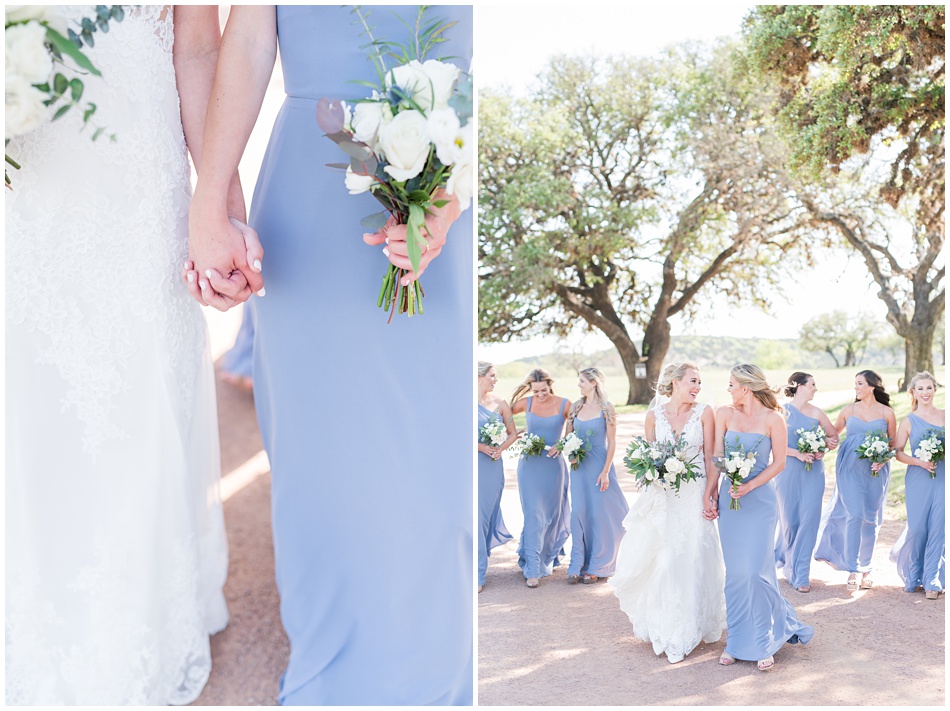 Bridesmaids in blue dresses at wedding in Fredericksburg Texas