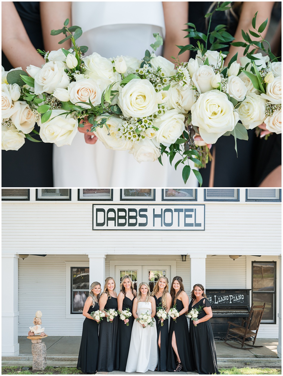 Bridesmaids in black dresses at Dabbs Hotel in Llano