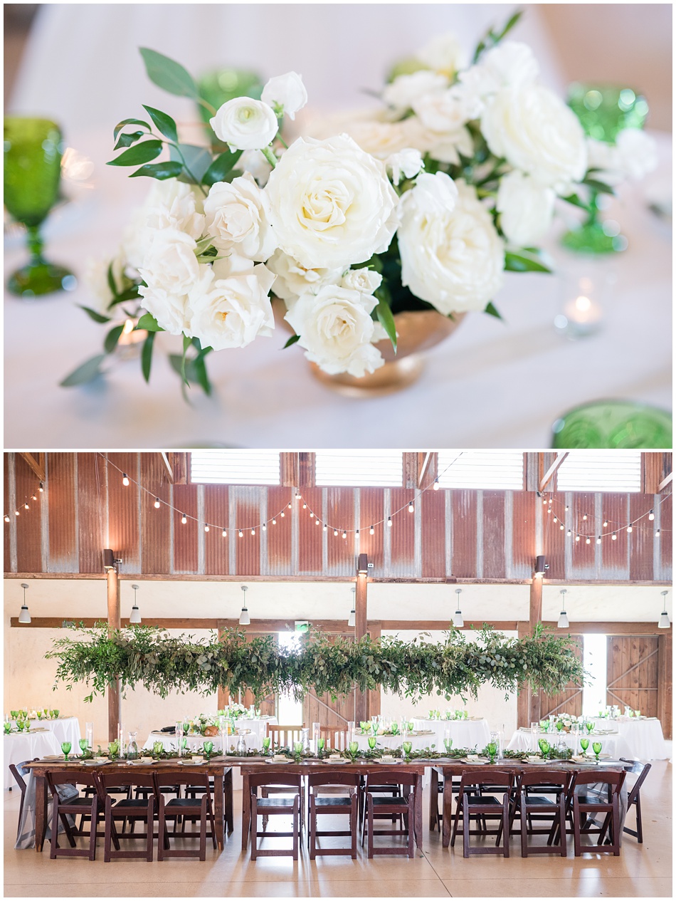 Wild Poppy Floral at Lone Oak Barn Wedding Reception in green and white