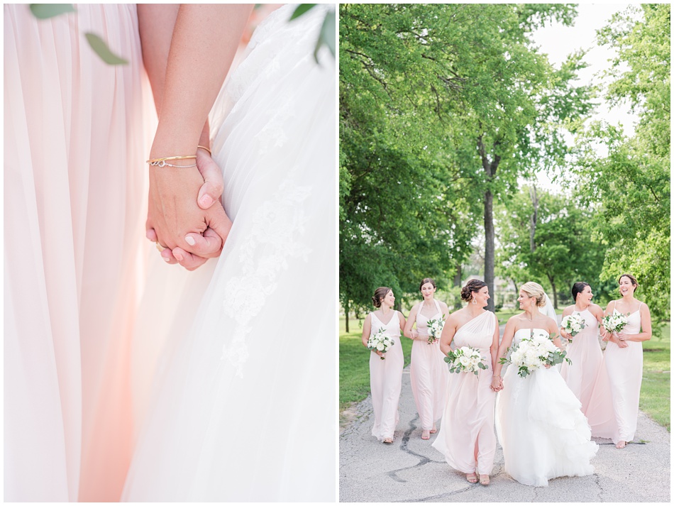 Bridesmaids in Blush dresses with white bouquets