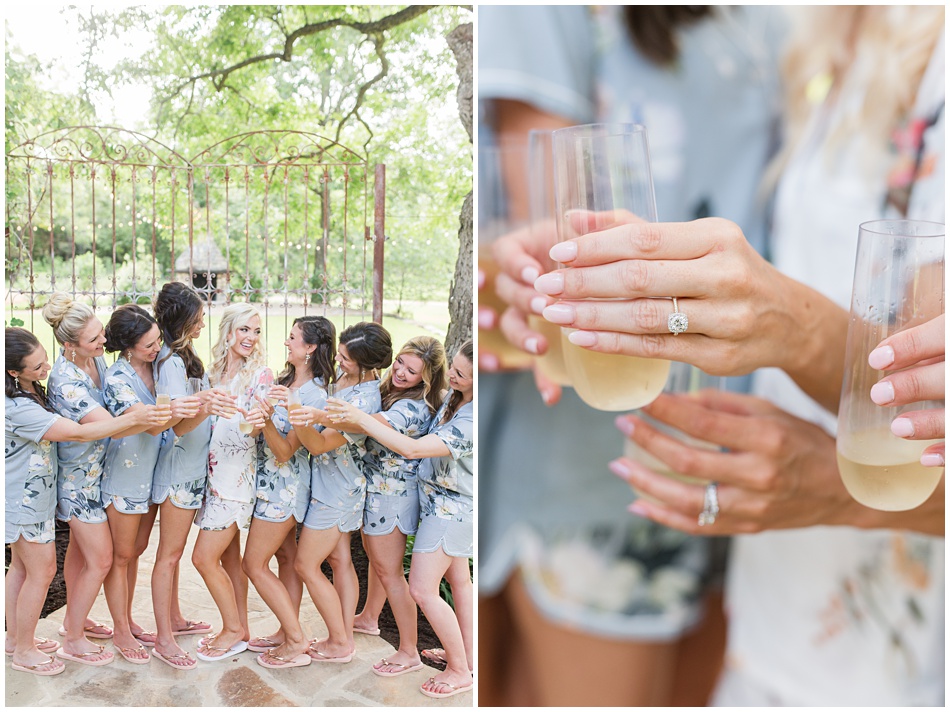 Getting ready at Pecan Springs Ranch in Blue pjs with champagne