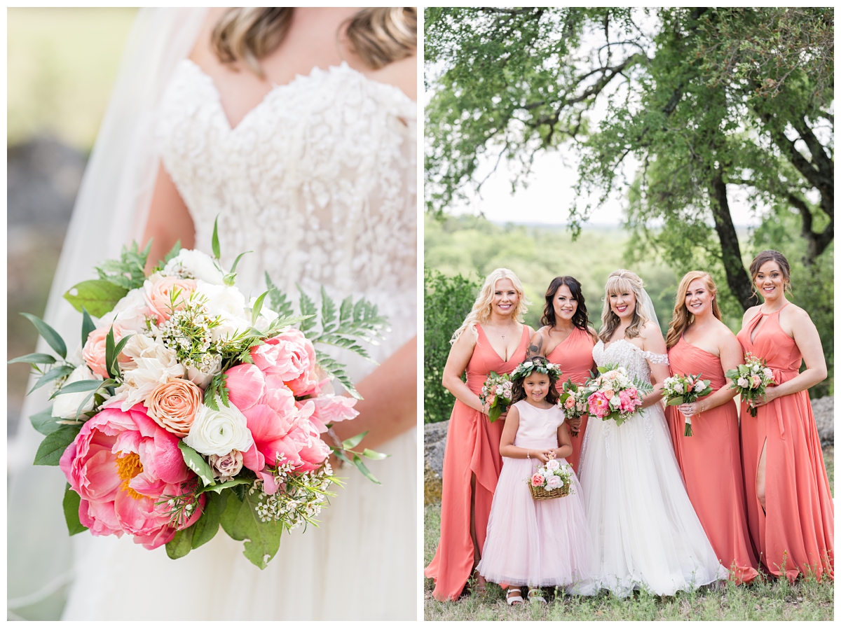 Bridesmaids in peach dresses at wedding in Boerne TX