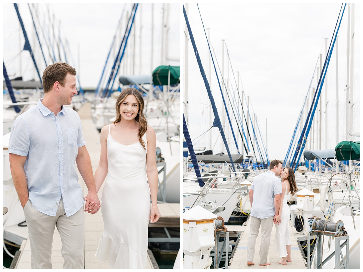 Couple walks along the dock to the sailboat on Lake Travis for their engagement photos
