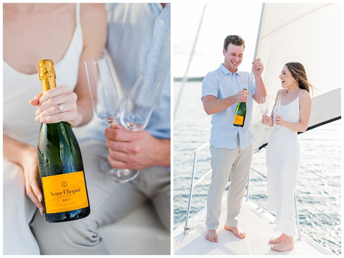 Groom pops champagne on sailboat for engagement photos on lake travis 