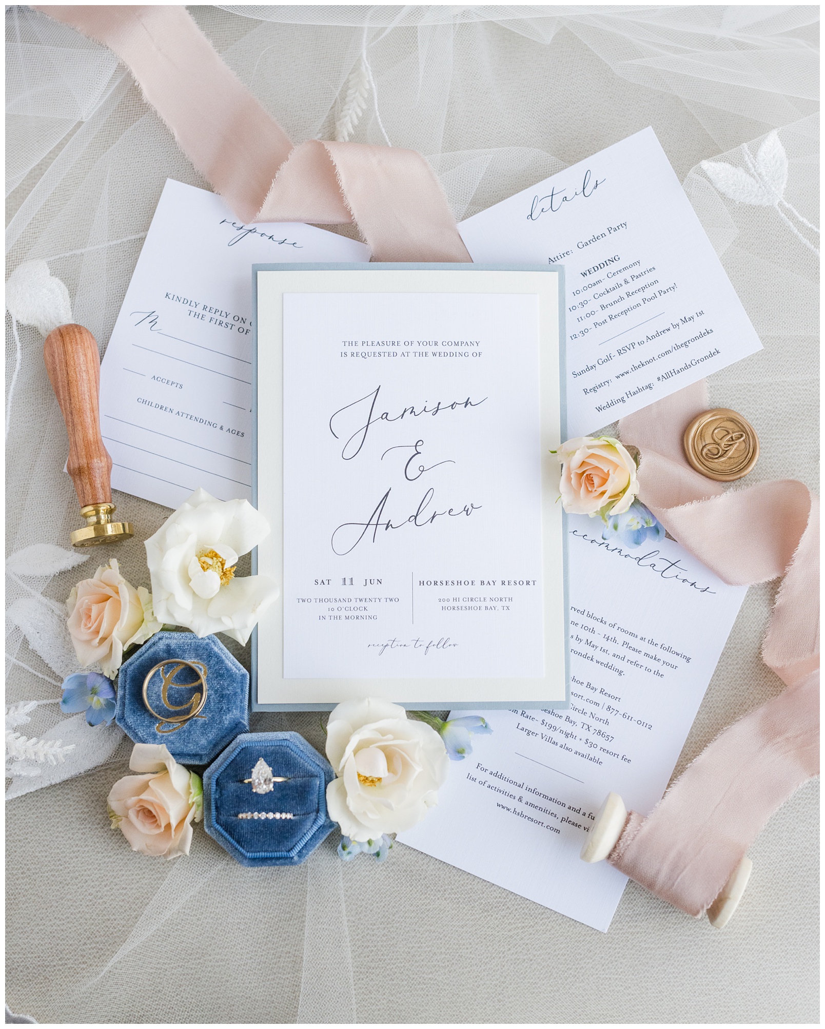 Wedding Invitation Flat Lay with blush ribbon