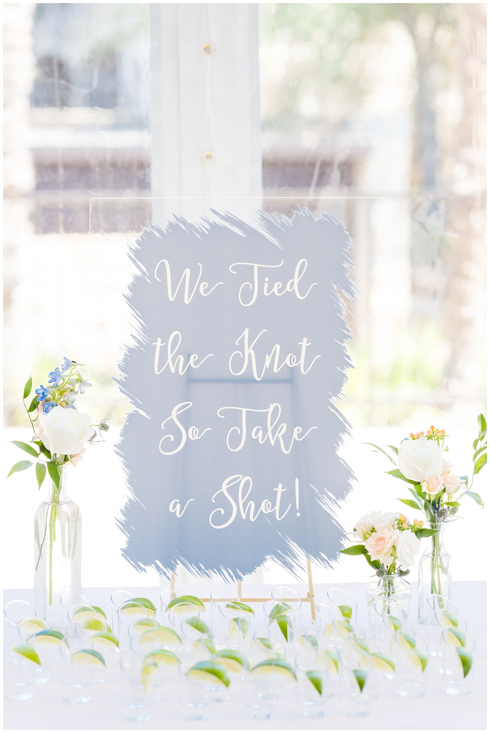 we tied the knot so take a shot wedding bar signage