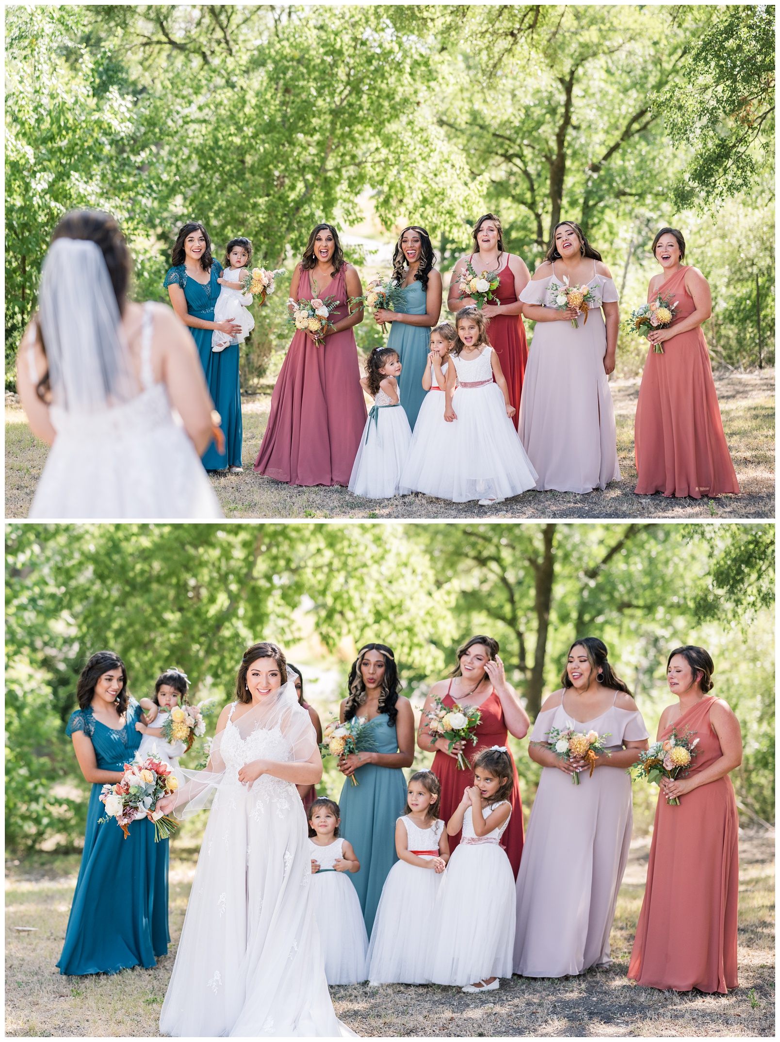 First look with bridesmaids at Lone Oak Barn