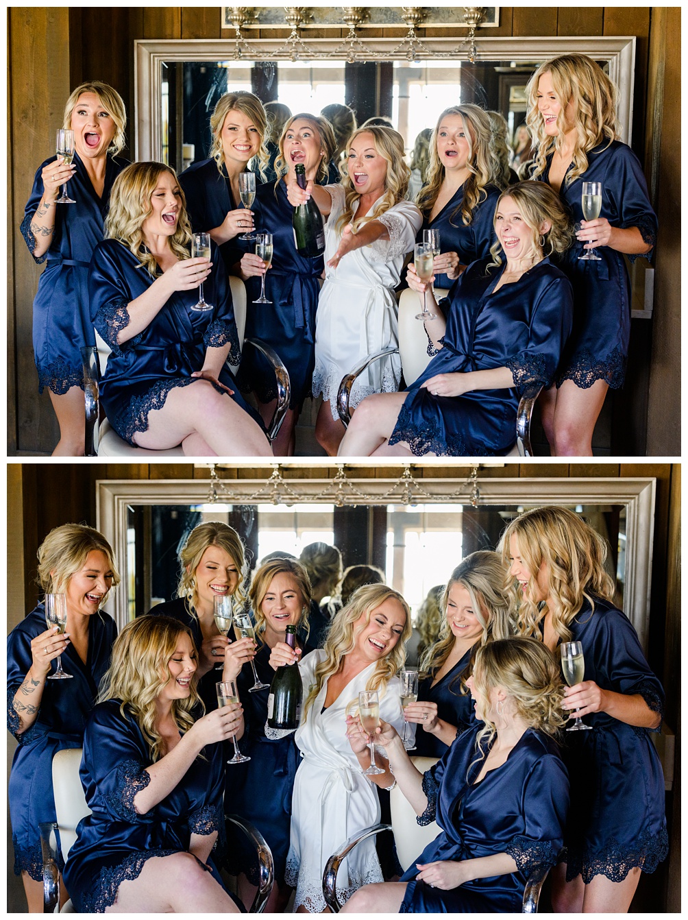 Champagne Pop in bridal suite of Hidden River Ranch with bridesmaids in navy robes