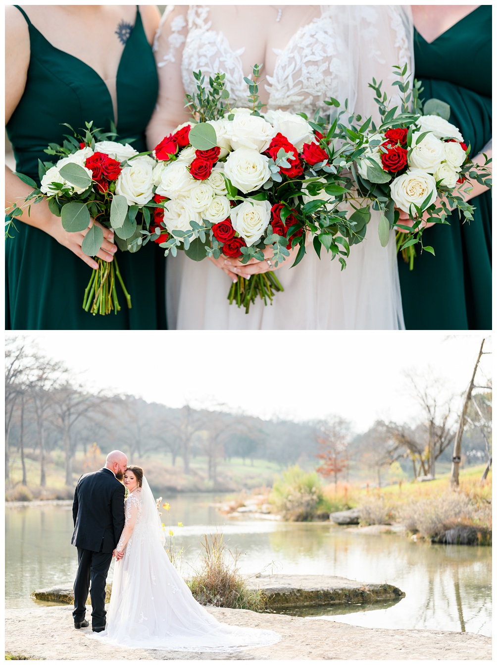 The Waters Point Wedding Photographer in Wimberley Texas with Wow Factor Floral bridesmaids bouquets in white against hunter green dresses