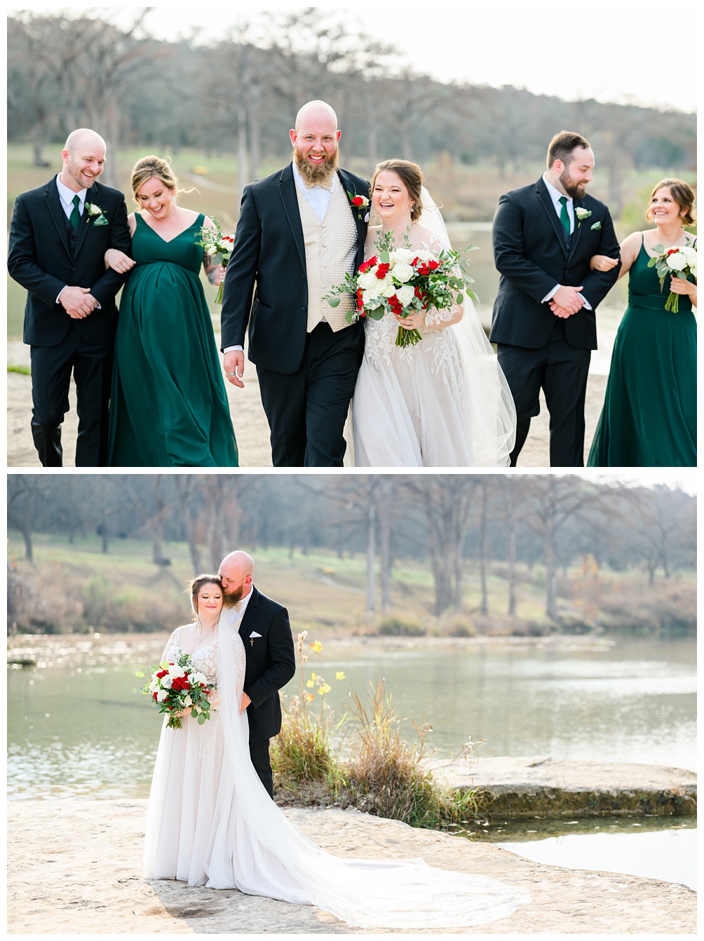 Winter wedding at The Waters Point in Wimberley with bridesmaids in hunter green dresses