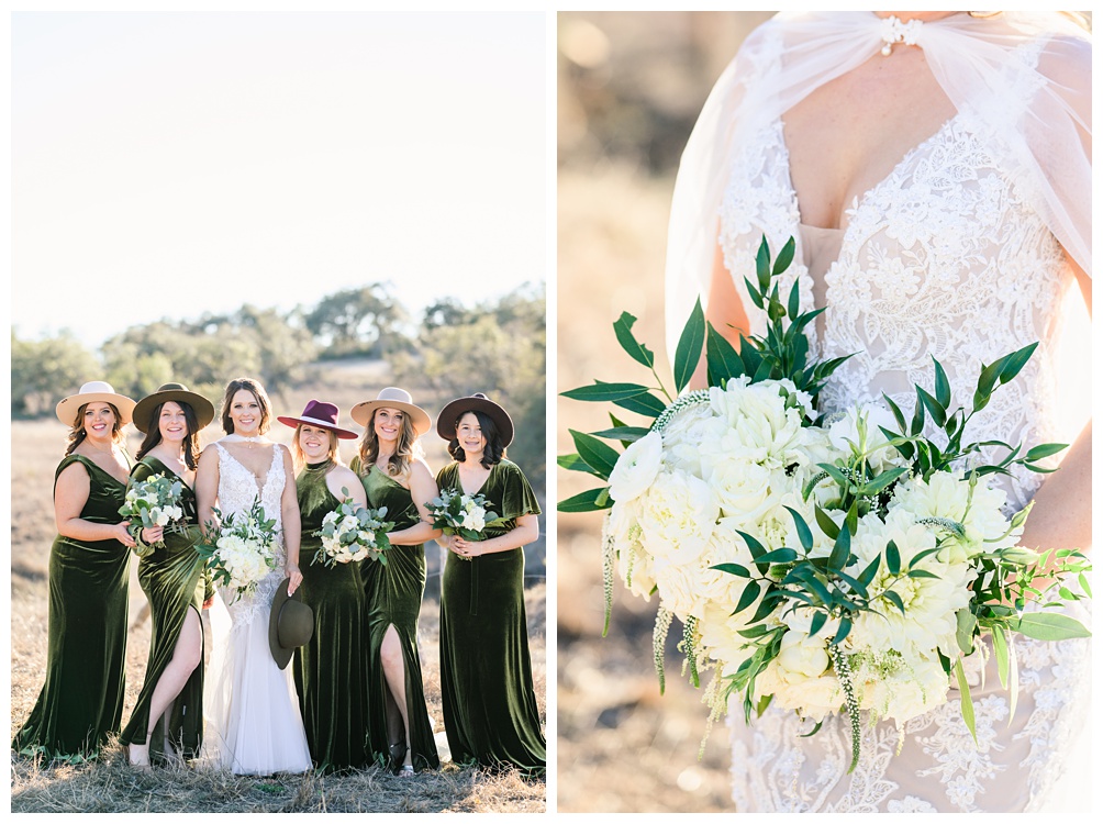 Boho wedding with bridesmaids in olive green velvet dresses and felt hats