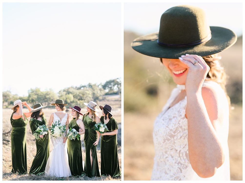 boho wedding at Pecan Springs Ranch with bridesmaids in olive green velvet dresses and felt hats