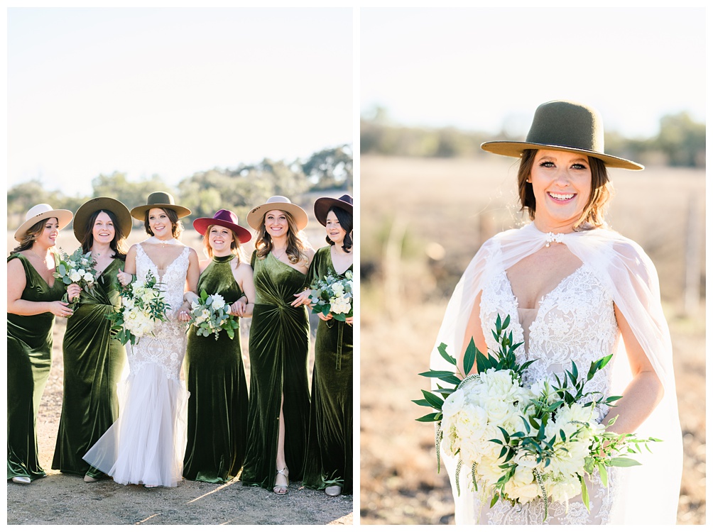 Bridesmaids in felt hats and velvet dresses