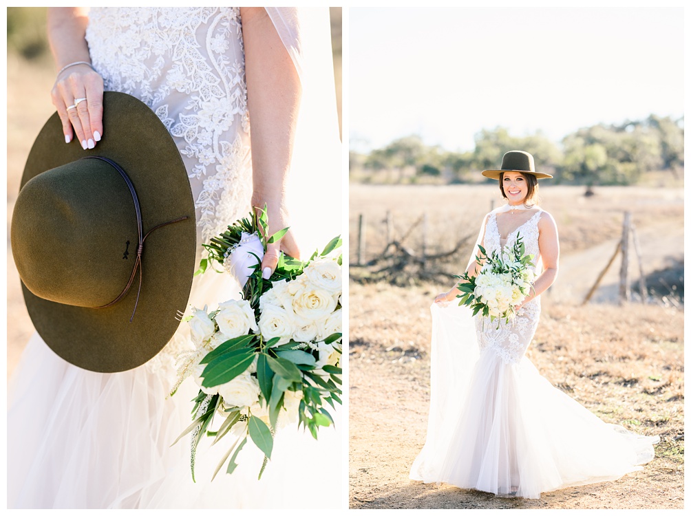 Bride in olive green felt hat at Pecan Springs Ranch