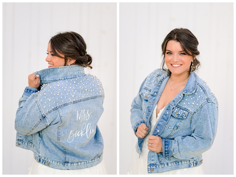 Bride wears denim jacket with pearls and wedding date embroidery at Wish Well House 