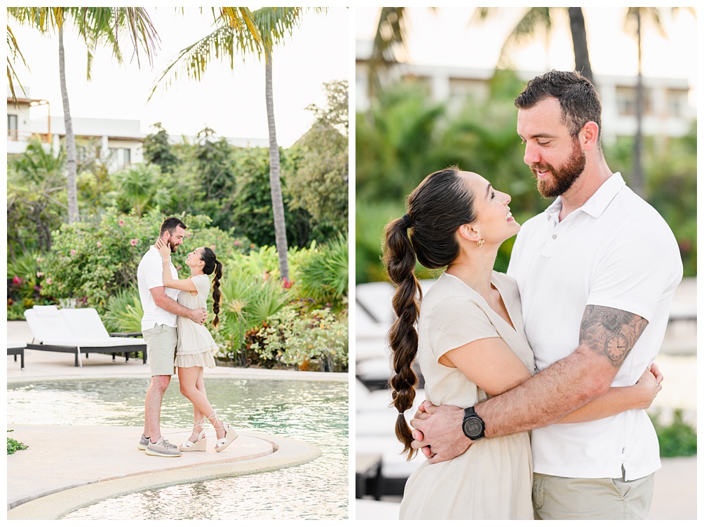 Neutral attire engagement clothing at poolside portrait session with lush tropical greenery