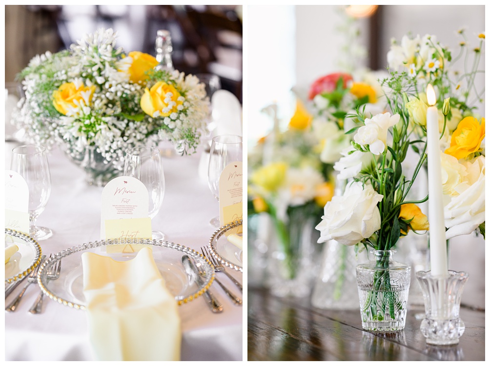 White and yellow wedding reception details