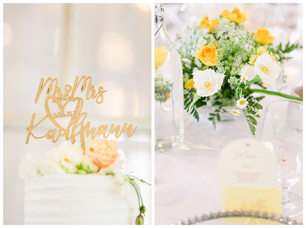 white and yellow wedding details at pecan Springs ranch reception