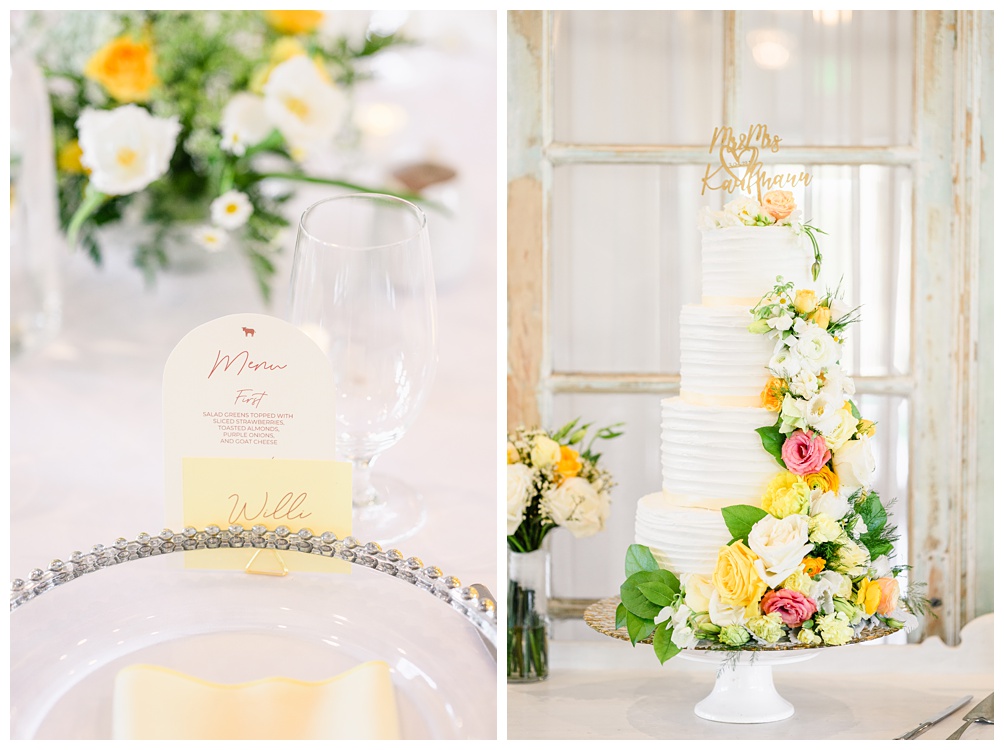Spring Wedding Cake by Bride's Table with yellow and white flowers