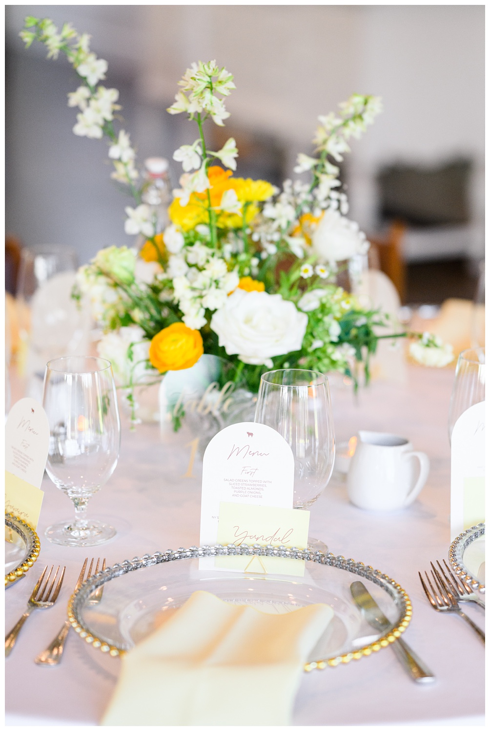 Buttercup yellow wedding reception at Pecan Springs Ranch