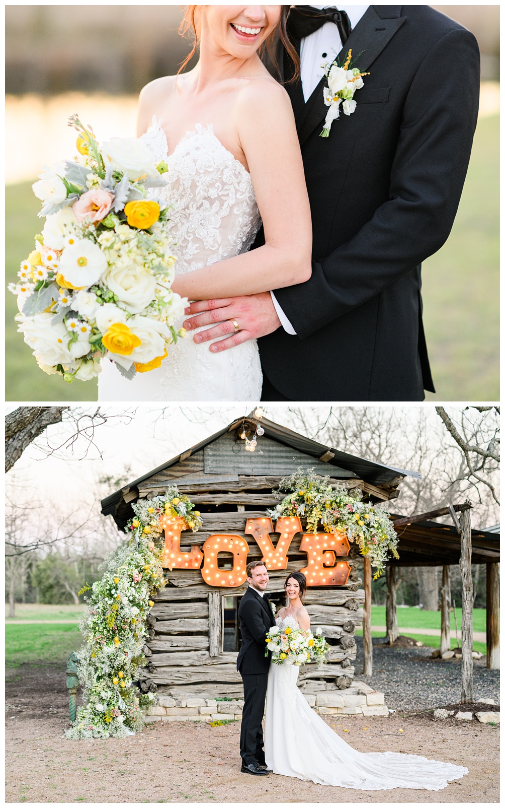 Love Shack at Pecan Springs Ranch covered in baby's breath and buttercup yellow flowers