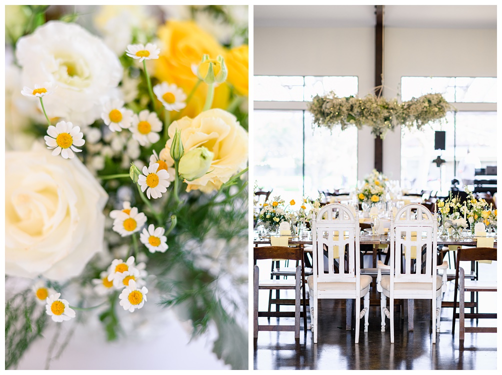 Indoor wedding reception at Pecan Springs Ranch in white and yellow flowers