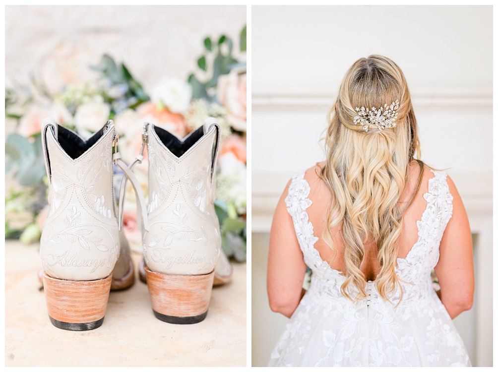 Customized bridal boots inlaid with wedding dress lace that reads "Always Together" on the back