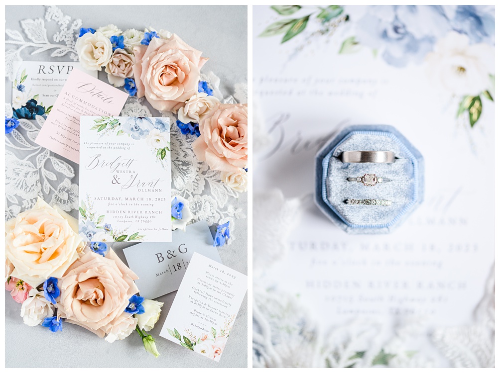 French dusty blue wedding invitation suite for Hidden River Ranch Wedding in Lampasas Texas