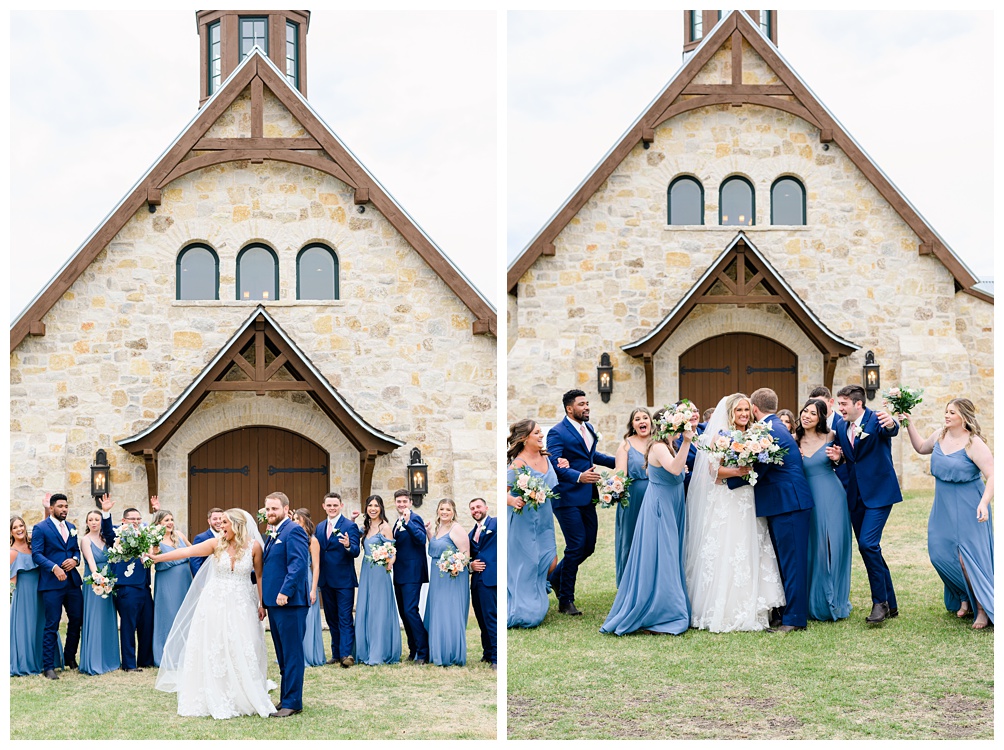 Wedding party photos in front of chapel doors at Hidden River Ranch