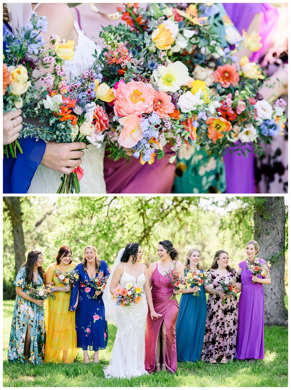 Lively, Springtime colorful bloom boho chic wedding at Pecan Springs Ranch in Austin Texas with bouquets by Sixpence Floral and planned by Truly Together Event Co