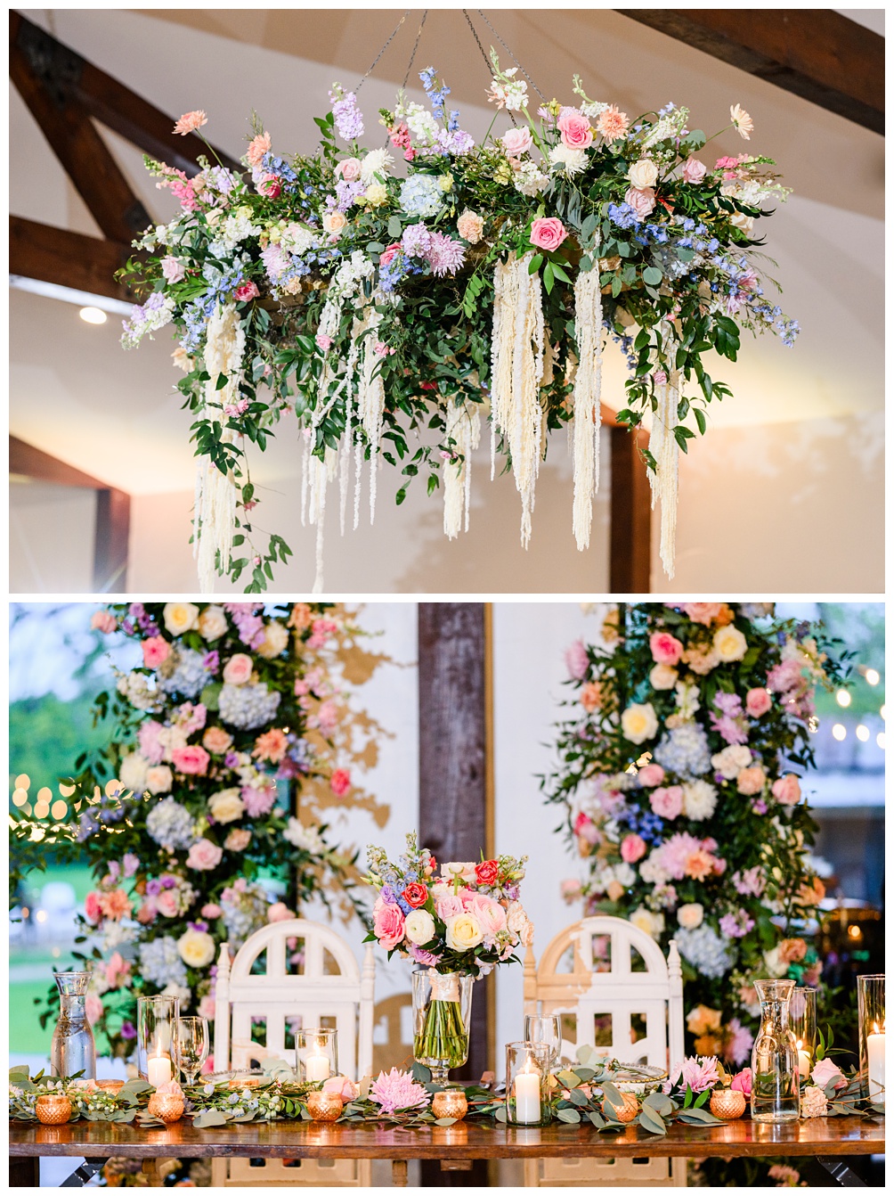 Flower chandelier at wedding reception