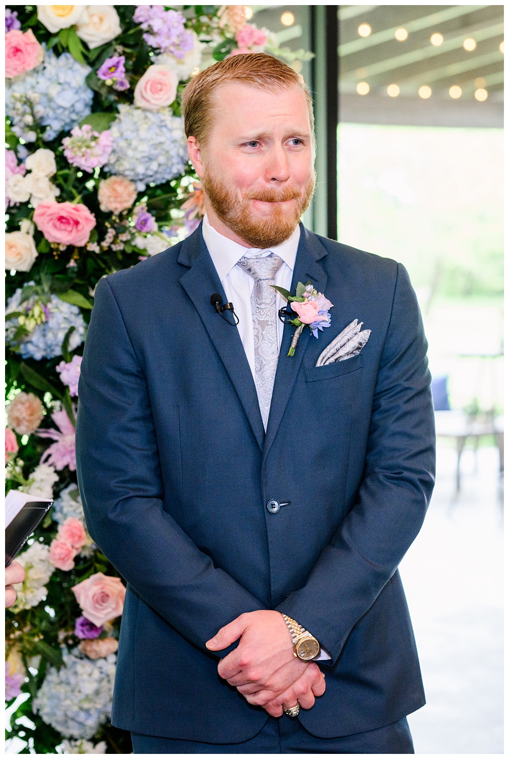Groom reacts to seeing bride for the first time on their wedding day at Pecan Springs Ranch in Austin Texas