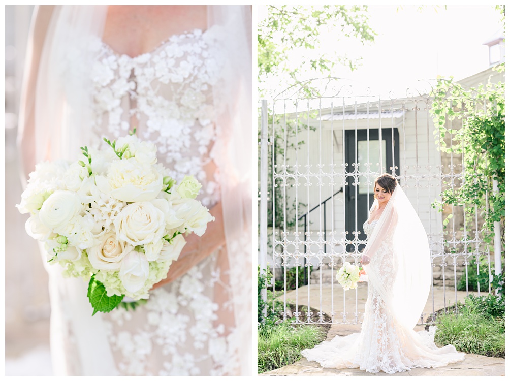 Classic Bridal Portraits at Pecan Springs Ranch with white iron gate behind the bride holding a white floral bouquet in Austin Texas