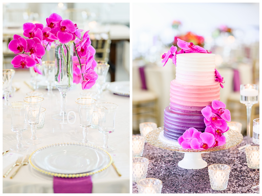 Sweet treets bakery wedding cake in purple ombre with purple orchids