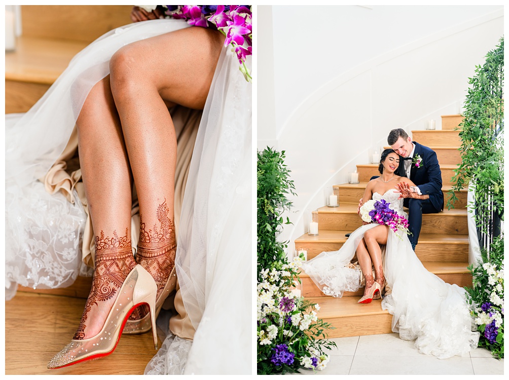 Bride and Groom sit on stairs of The Preserve at Canyon Lake wedding venue in Texas while they admire their new wedding rings. Bride is holding a purple bouquet with orchids while her Louboutin heels pop out. 