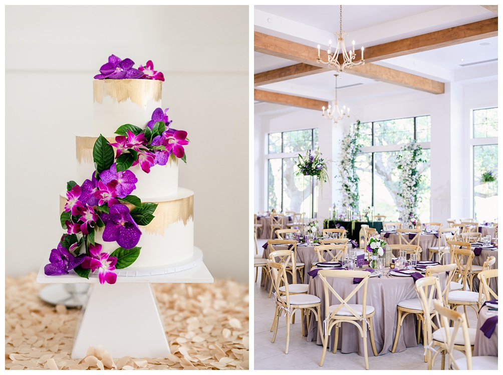 Wedding cake with purple orchids cascading 