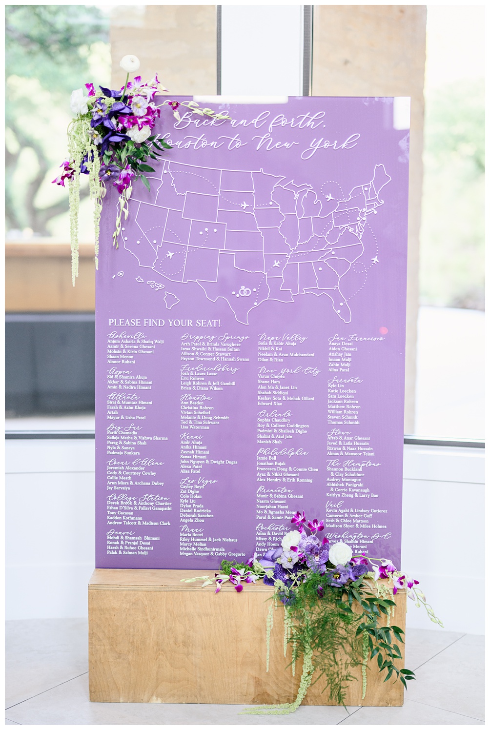 Wedding Seating Chart in purple and white by The Inviting Pear stationery out of Austin Texas