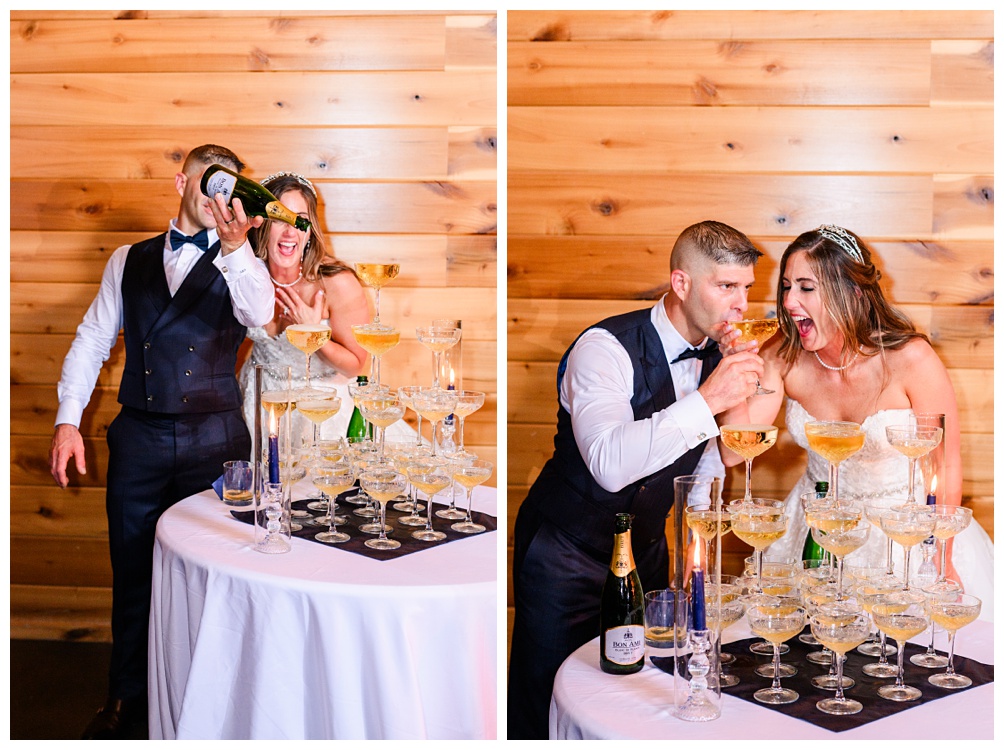 Bride and Groom pour champagne into a tower of coups at Swallows Eve Wedding in Fredericksburg 
