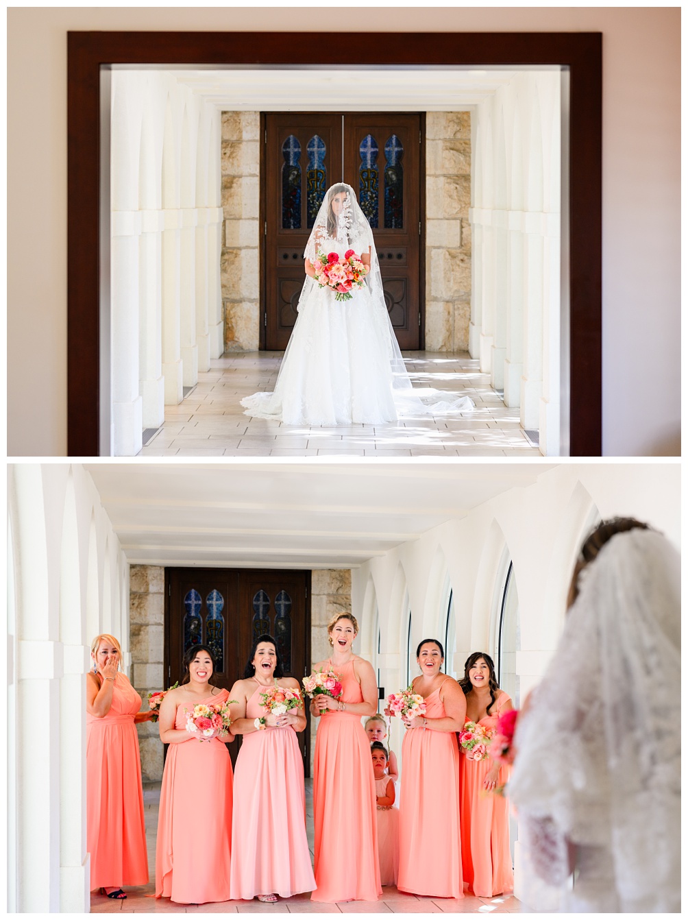 Bridal portraits and bridesmaids first look at St. Mary's Catholic Church in Fredericksburg