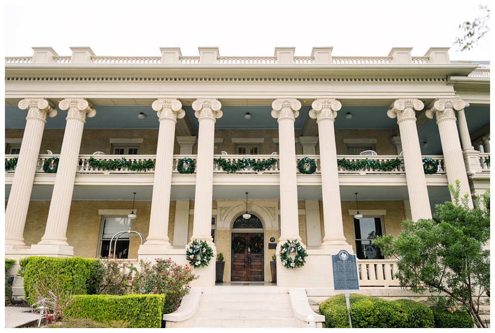 Registered Texas Landmark Mansion wedding venue in Austin with onsite lodging and greek columns