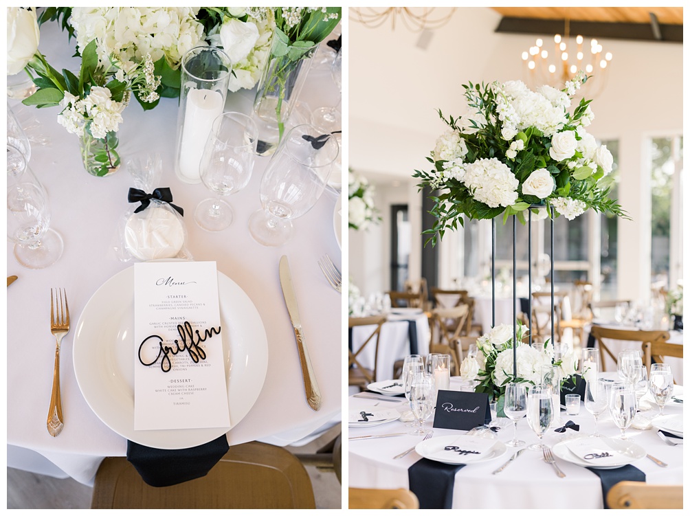Black and white wedding recepetion decor at Union Pointe on the Lake